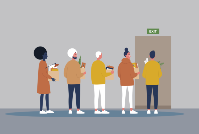 A line of animated diverse people holding boxes and personal items waiting for the elevator