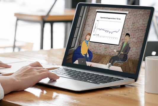 A laptop screen showing a screenshot of HRdownloads' immersive training.
