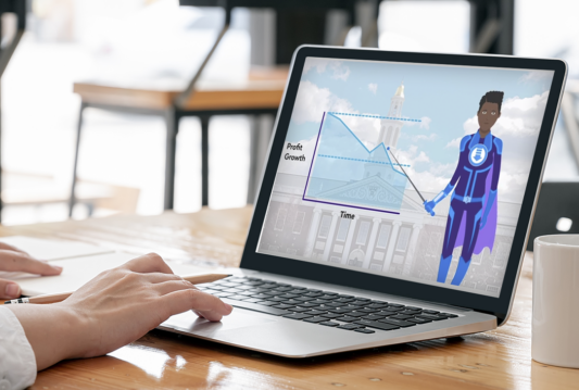 A laptop screen showing a screenshot of HRdownloads' immersive training.