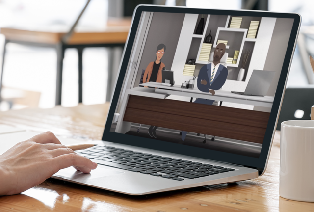 A laptop screen showing a screenshot of HRdownloads' immersive training.