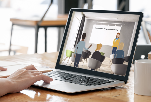 A laptop screen showing a screenshot of HRdownloads' immersive training.