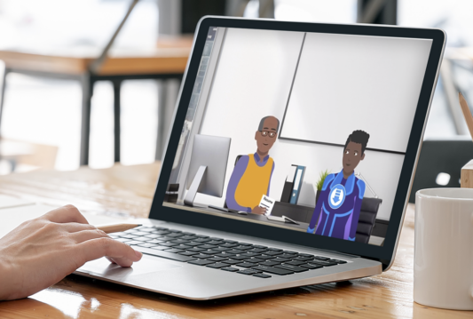 A laptop screen showing a screenshot of HRdownloads' immersive training.