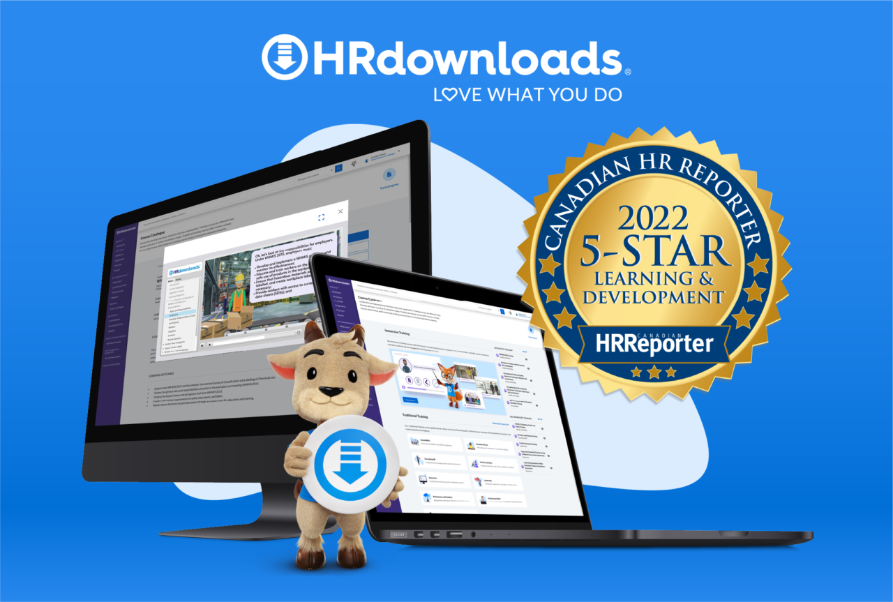 5 Star Learning & Development 2022 Award from the Canadian HR Reporter Header, HRdownloads logo, character holding our logo and laptop, monitor with HRdownloads screenshots