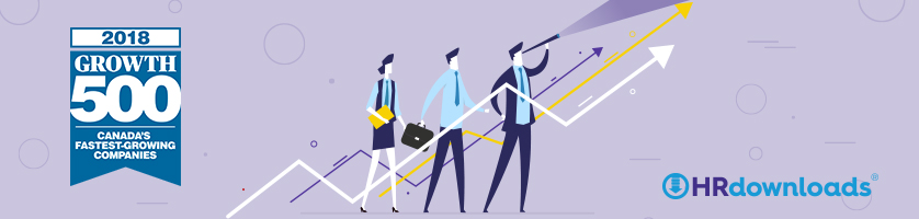 Growth 500 Canada's Fastest Growing Companies 2018 logo in Header with three illustrated people and arrows pointing upwards, HRdownloads logo