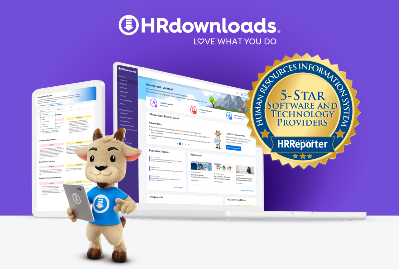 5 Star Software and Technology Providers Award from Canadian HR Reporter Header with Koza, HRdownloads logo and computer and tablet with screen shot of HRdownloads software