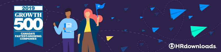 Growth 500 Canada's Fastest-Growing Companies 2019, two illustrated people, one is holding a flag, paper airplanes, HRdownloads logo