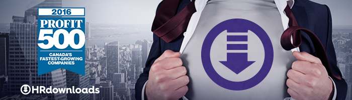 Profit 500 Canada's Fastest Growing Companies 2016 logo, with HRdownloads logo on chest of superhero, HRdownloads logo