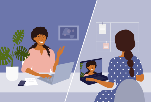 Two women having a meeting through their laptops from different offices
