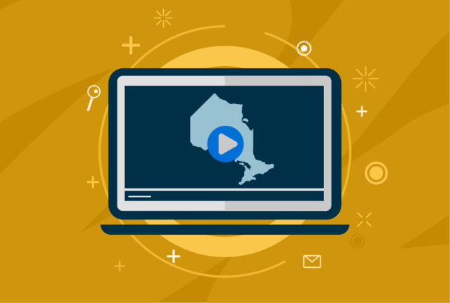 Silhouette of Ontario on a laptop screen with floating icons around the laptop screen.